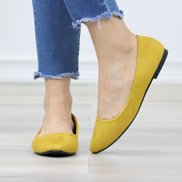 Mustard Yellow Faux Suede Wide Pointy Toe Slip On Flat Shoes - Picture 10 of 12